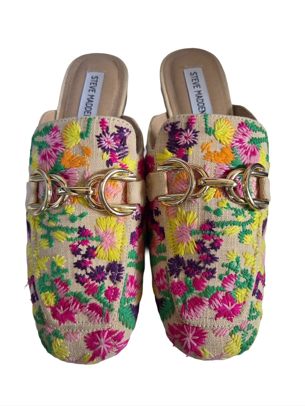 Steve Madden Kandi Mules Cream Embroidered Floral Gold Tone Buckle (8)